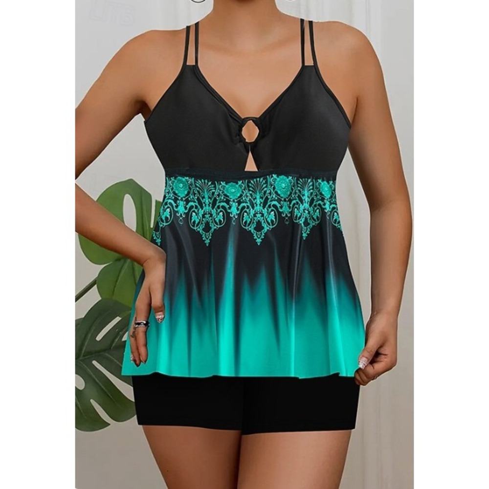 Women's 2PC Swimsuit Set Size 1XL Green Black Tankini Top Boyshorts Bottoms - Picture 1 of 15